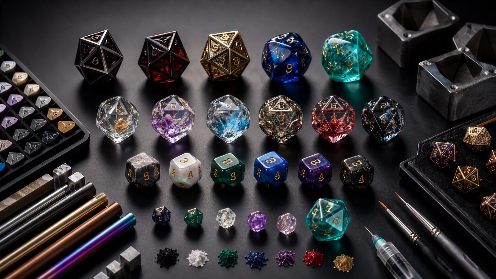 Custom dice customisation options — materials, sizes, inclusions and finishes laid out on a bench